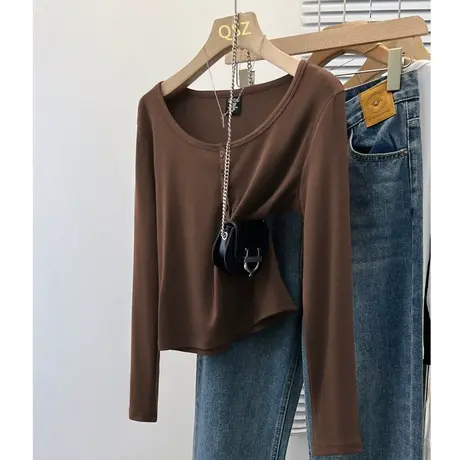美式复古t恤内搭纯欲打底衫女秋冬半开领长袖2024早春新款上衣潮商品大图