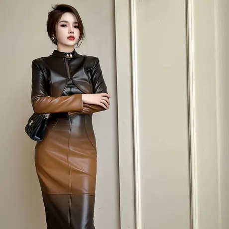 时尚炸街机车风PU皮短外套2024春季撞色长袖设计师款洋气时髦上衣图片