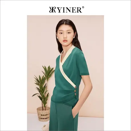 YINER音儿女装夏季女装时尚撞色V领短袖针织衫套头商品大图