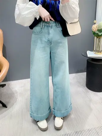 复古风浅蓝色高腰显瘦牛仔裤女春季2024年新款休闲百搭阔腿拖地裤图片