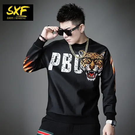 SXF圣希梵潮牌卫衣男 虎头刺绣翅膀印花时尚秋装潮流圆领男士上衣商品大图