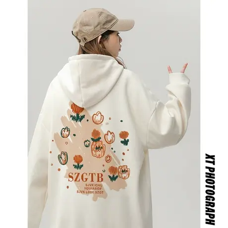 郁金香设计感印花卫衣女秋冬季加绒加厚ins潮牌连帽宽松大码外套商品大图