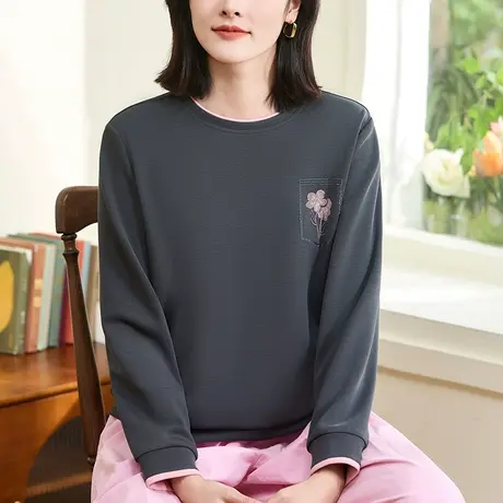 正肩圆领卫衣女春秋2024年新款中年妈妈精致设计感休闲上衣服棉质图片