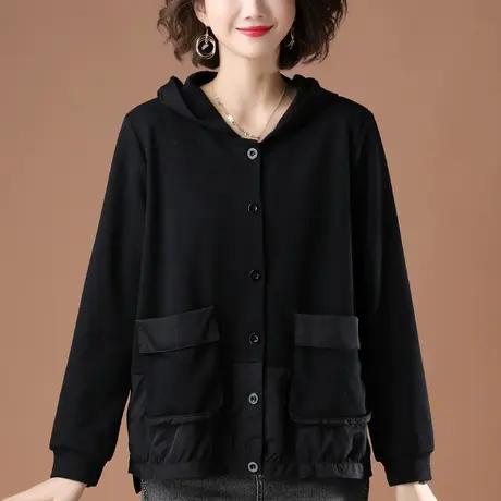 外套女春秋新款加肥加大码女装宽松中年妈妈百搭休闲短款连帽上衣图片