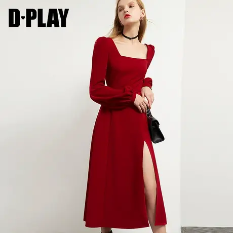 DPLAY德帕拉秋季新品红色长袖修身显瘦气质开叉赫本风法式连衣裙商品大图