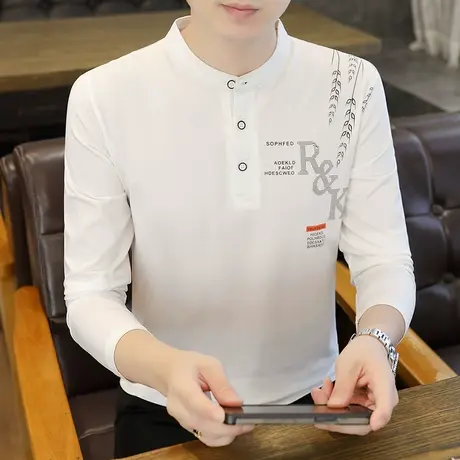 春秋纯棉立领长袖t恤男装薄款休闲大码印花男士潮体恤修身款上衣商品大图