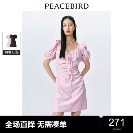 太平鸟法式收腰抽褶连衣裙2024春新款泡泡袖V领度假风短款A字裙女图片