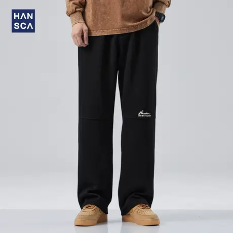 hansca秋季新款重磅垂感黑色卫裤男美式潮牌直筒宽松阔腿休闲长裤商品大图