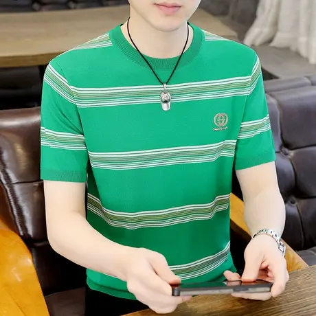 短袖圆领男士T恤ins潮流冰丝半袖2024新款夏季条纹凉感针织衫体恤商品大图
