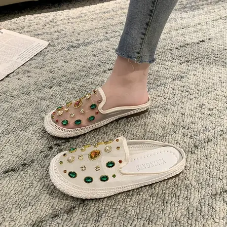 2024夏季新款网纱水钻包头凉拖鞋外穿百搭网红平底半拖韩版女鞋子图片