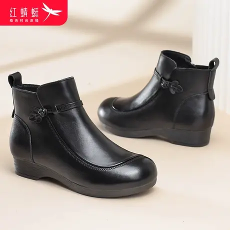 红蜻蜓短靴女2023冬季防滑软底百搭休闲女靴真皮中年妈妈短筒靴子商品大图