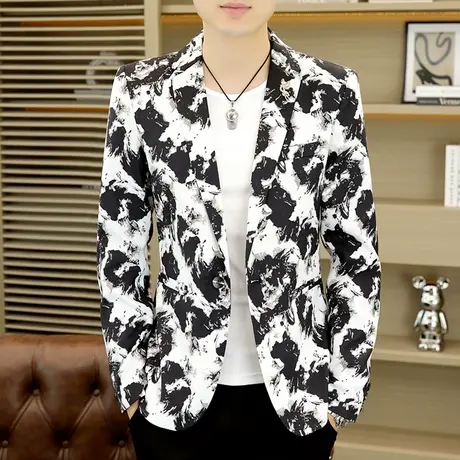 印花西服男士潮流水墨画复古外套秋季韩版时尚修身迷彩帅气小西服商品大图