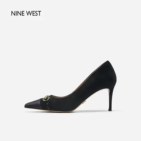 Nine West/玖熙尖头反绒拼接高跟鞋女2023秋新款衔扣法式气质单鞋商品大图