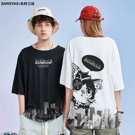 木村三社黑白风格猫咪短袖设计感小众t恤男潮流潮牌宽松夏5分袖商品大图