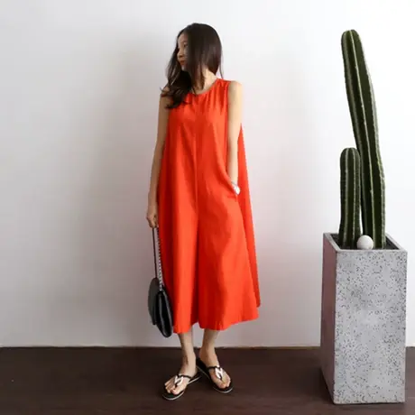 2018夏新款韩版中长款宽松棉麻无袖蝴蝶结连体裤女七分直筒阔腿裤商品大图