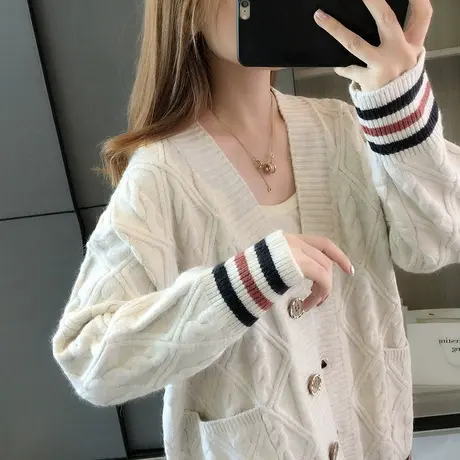 麻花针织开衫女士秋季2023新款复古宽松毛衣外套秋冬穿搭慵懒外搭商品大图