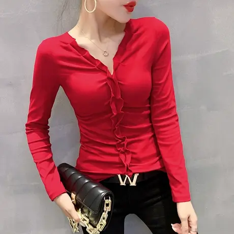 2023春秋新款性感V领T恤女设计感小众上衣紧身内搭打底衫女长袖潮商品大图