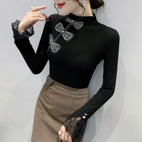 半高领加厚打底衫女秋冬烫钻名媛气质长袖T恤洋气蕾丝拼接上衣潮商品大图