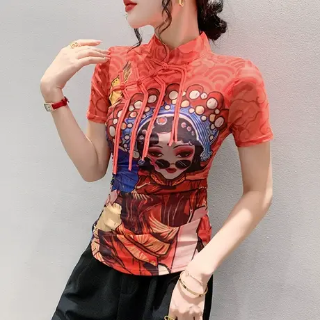 复古中国风上衣女短袖气质拉链盘扣T恤性感网纱小衫洋气印花体恤商品大图