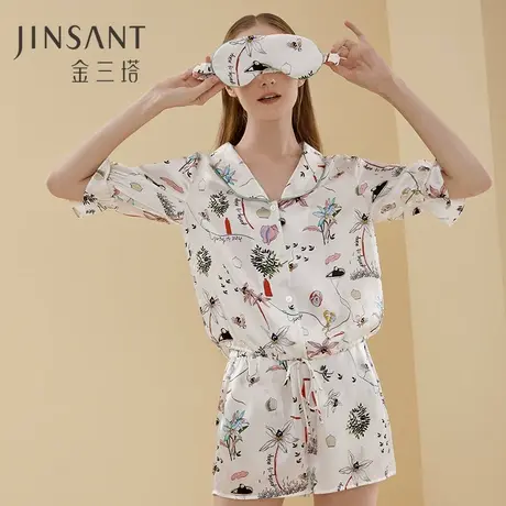 金三塔新品印花真丝睡衣女100%桑蚕丝时尚两件套短袖家居服图片
