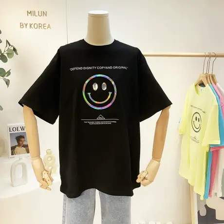 2021春夏新款韩国东大门ins镭射笑脸短袖T恤打底衫大码洋气欧洲站图片