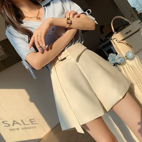 白色休闲西装短裤哈伦裤女士夏季薄款高腰a字型阔腿裤子外穿大码图片