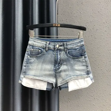 前短后长高腰牛仔短裤女2023夏季新款欧货复古提臀性感热裤阔腿裤图片