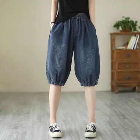 松紧腰牛仔六分裤女宽松高腰束脚休闲牛仔裤子五分中裤半截灯笼裤图片