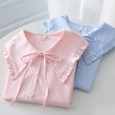 日系减龄海军风设计感小众娃娃领条纹长袖衬衫女宽松荷叶边上衣春图片