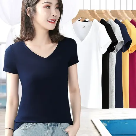 藏蓝色v领短袖t恤女2023年夏季新款纯棉内搭外穿修身显瘦体恤上衣图片