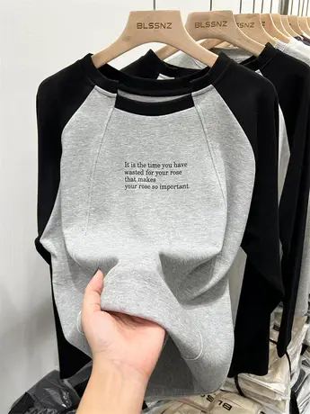 美式长袖t恤女宽松中长款上衣早秋新款撞色拼接别致打底衫女内搭商品大图