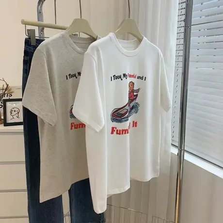 复古小熊印花米灰色短袖T恤女宽松显瘦时髦百搭白色内搭打底衫春商品大图