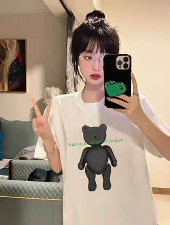 夏季女装t恤小熊印花2023年新款宽松百搭短袖ins潮韩版质感体恤衫商品大图