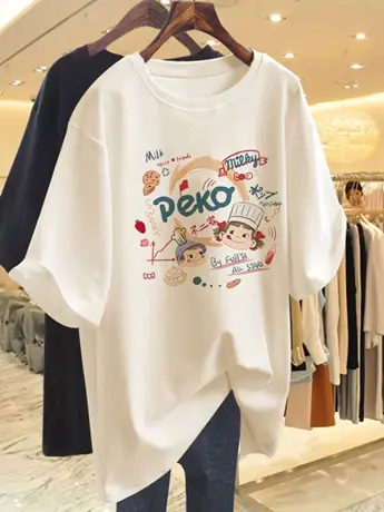 仿棉短袖t恤女2023新款夏季小众设计感宽松显瘦大码女装卡通上衣商品大图