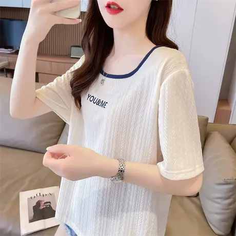 设计感小众正肩提花短袖t恤女夏季韩版宽松撞色半袖方领法式上衣图片