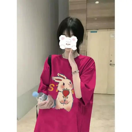 纯棉玫红色设计感短袖t恤女2023夏季小众ins潮牌宽松半袖休闲上衣图片