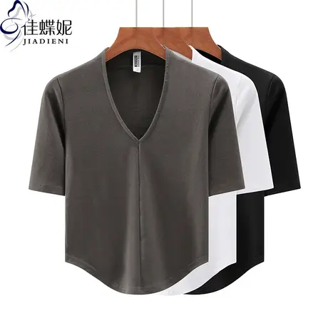 早秋新款韩版深V领修身纯棉下摆圆弧纯欲中袖体恤上衣内搭女打底图片