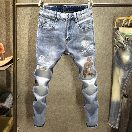 欧洲站高端老鹰印花男士牛仔裤高街潮牌刺绣修身百搭小脚裤子男装商品大图