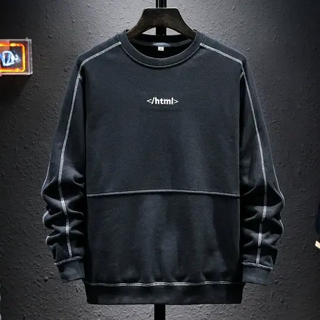 春秋季拼接男士撞色卫衣立体字母印花上衣美式潮外套休闲圆领套头商品大图