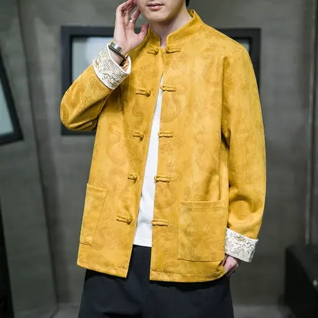 中国风男装复古国潮男青年盘扣大码鹿皮绒中式古风汉服立领中山装商品大图