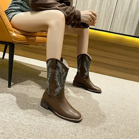 V口刺绣高跟靴女粗跟2023秋冬新款时尚复古骑士靴百搭不过膝长靴图片