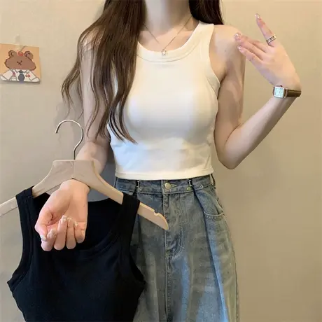 辣妹运动吊带背心女夏季外穿修身显瘦短款防走光无袖T恤上衣纯棉图片