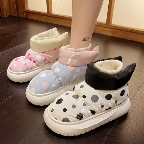 羽绒防水棉鞋女冬季可爱波点加绒加厚保暖厚底高帮包跟外穿雪地靴商品大图