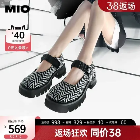 MIO米奥女鞋春冬甜美风千鸟格纹单鞋一字扣玛丽珍鞋浅口松糕鞋图片