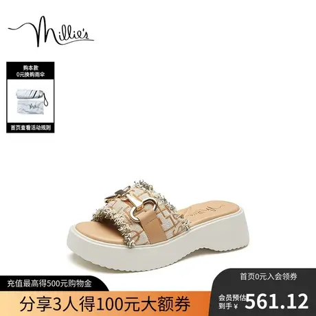 millie's妙丽夏季时尚气质设计感小众气质优雅绣花布厚底女凉拖鞋商品大图