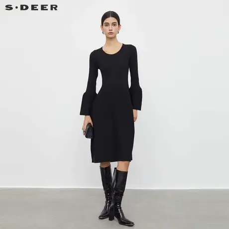 【直播间专属】sdeer圣迪奥罗纹圆领喇叭袖针织连衣裙S233Z1289图片