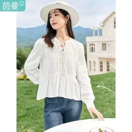 茵曼棉麻衬衣2023秋女装新款镂空花边系带领灯笼袖长袖提花上衣商品大图