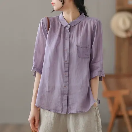 dza 复古苎麻短袖衬衣夏季薄款2023新款棉麻上衣女士漂亮宽松衬衫图片