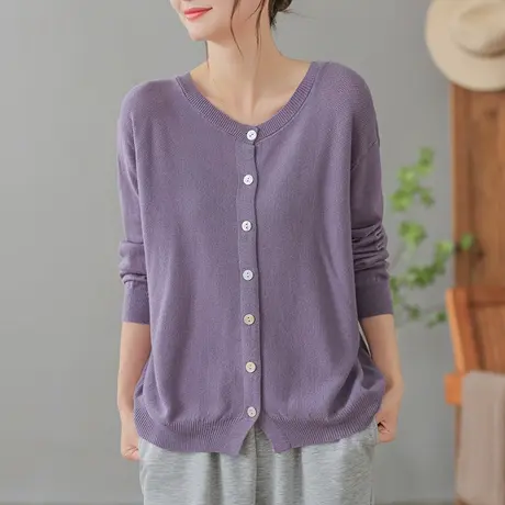 dza 复古纯色棉线圆领毛衣外套女士春秋宽松外搭上衣休闲针织开衫图片