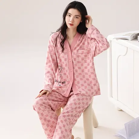 猫人睡衣女春秋季纯棉开衫V领休闲大码可外穿女士全棉家居服套装商品大图